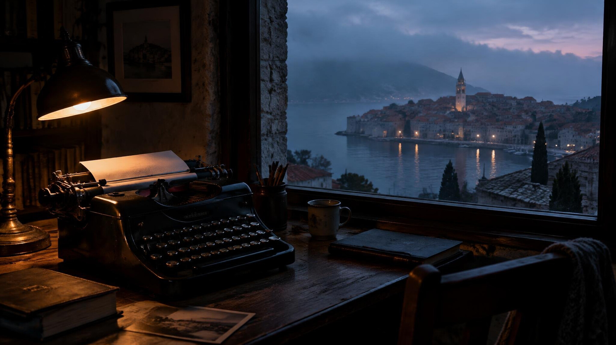 Old typewriter on a wooden desk by a foggy window overlooking a coastal town at dusk