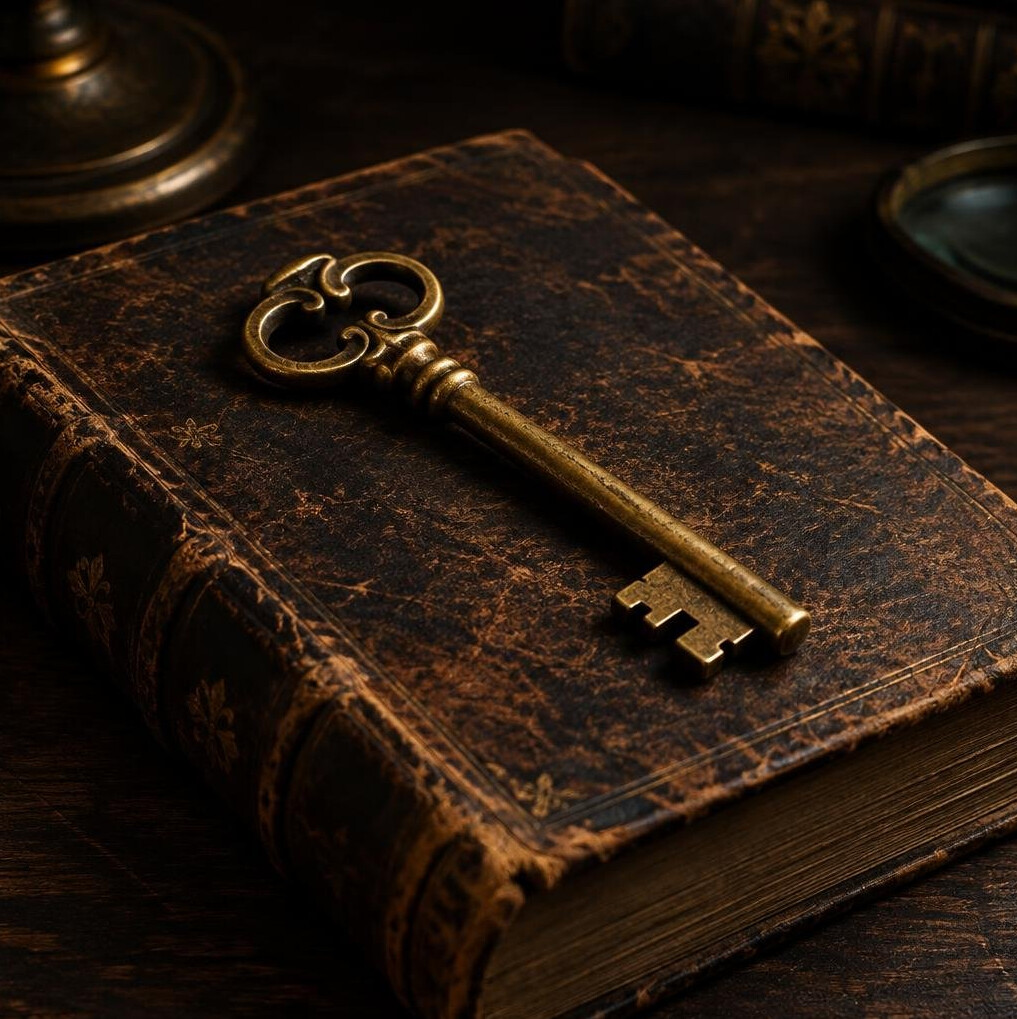 Antique brass key resting on an old leather-bound book