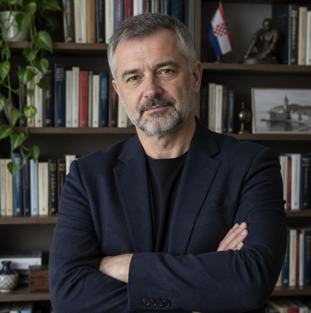 Studio portrait of a thoughtful middle-aged Croatian man in a dark blazer in front of bookshelves