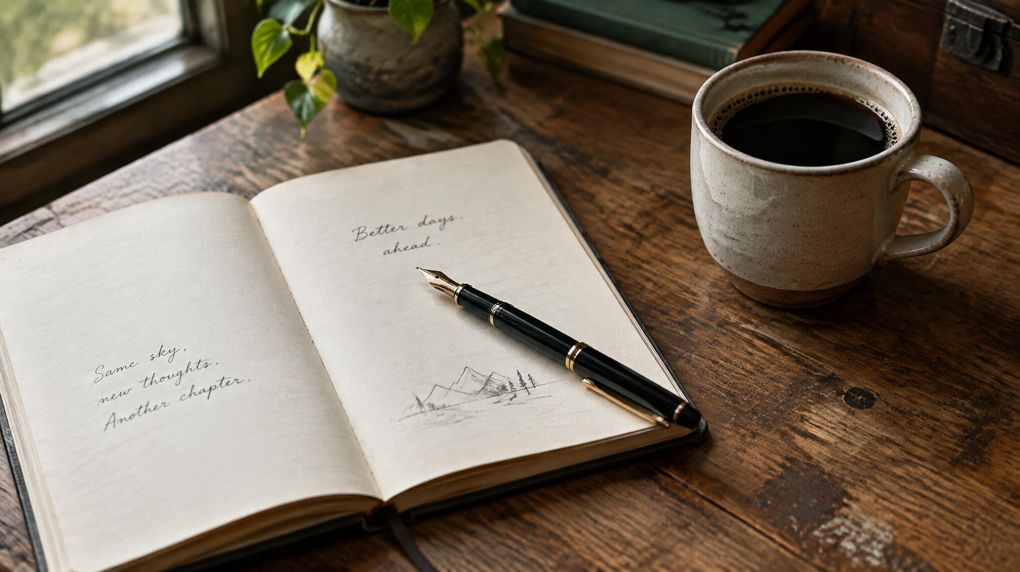Open notebook with a fountain pen and a cup of coffee on a wooden desk