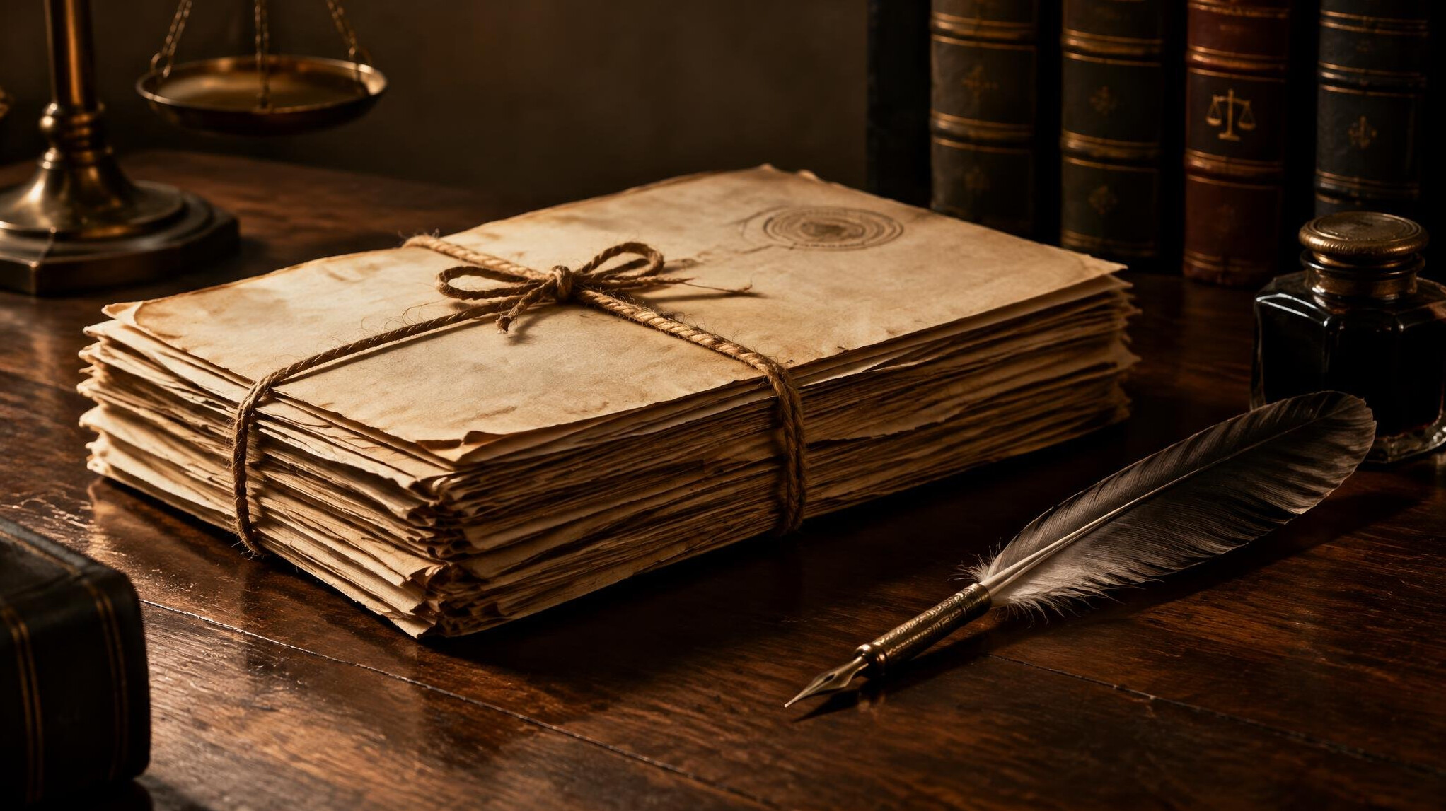 Stack of old legal documents tied with string beside a quill pen