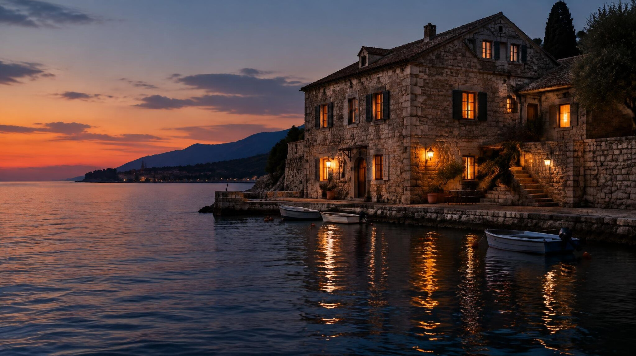 Old stone harbor building with warm lantern light at dusk