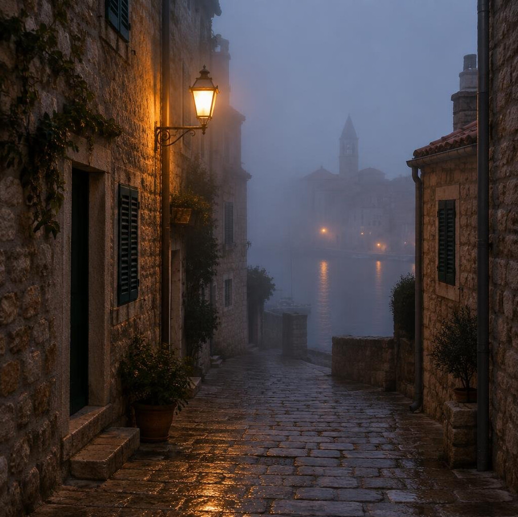 Foggy cobblestone street in an old European town at dusk