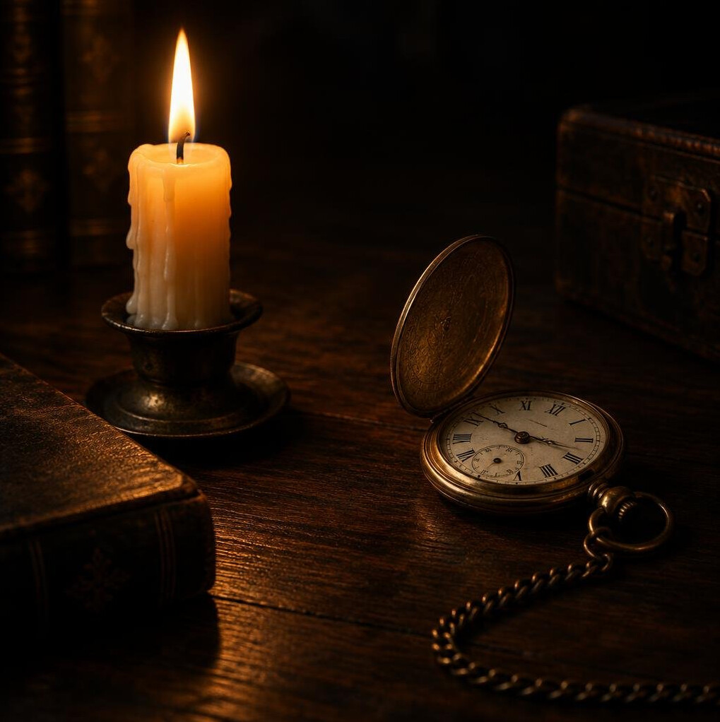 Lit candle beside an old pocket watch on a dark wooden table