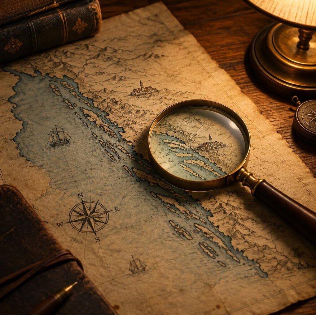 Vintage hand-drawn map of a coastline with a magnifying glass on top
